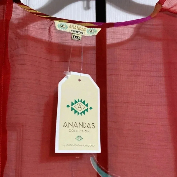 Anandas red fringe floral & birds wrap shawl cover cardigan top FREE size - Picture 9 of 13